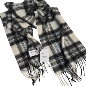Edinburgh Scarf 100% Lambswool Black Cream Tartan Plaid Fringe 64x10 Super Soft